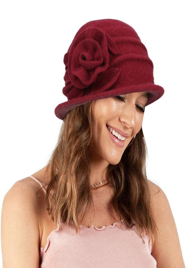 Sydbecs Wool Cloche Hat for Women Winter Bucket Hat 1920s Vintage Floral Fedoras Hat(Red) - Image 5